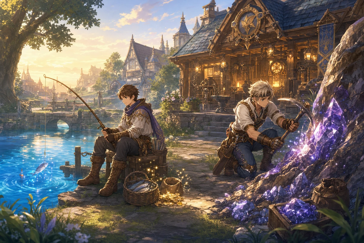 Adventurers fishing and mining beside a peaceful fantasy town