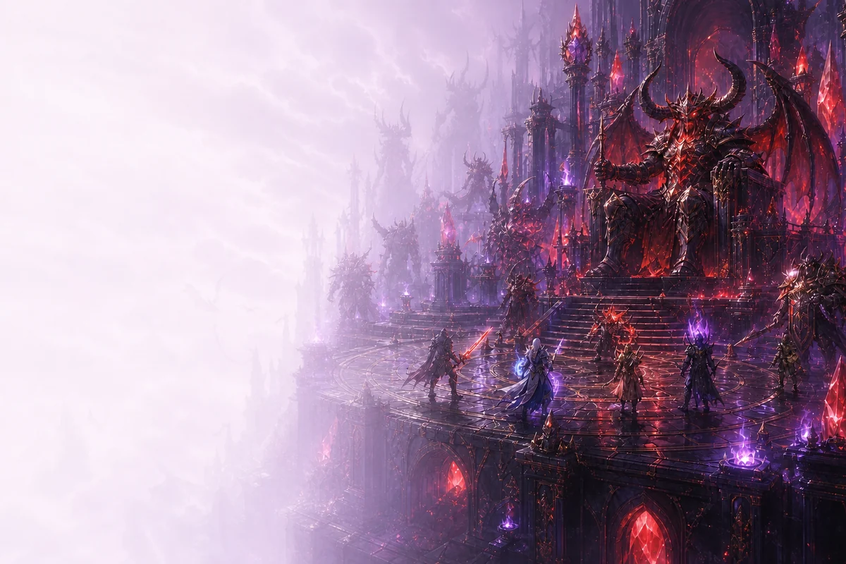 A demonic ruler and boss guardians inside the crimson fortress of Bossnia