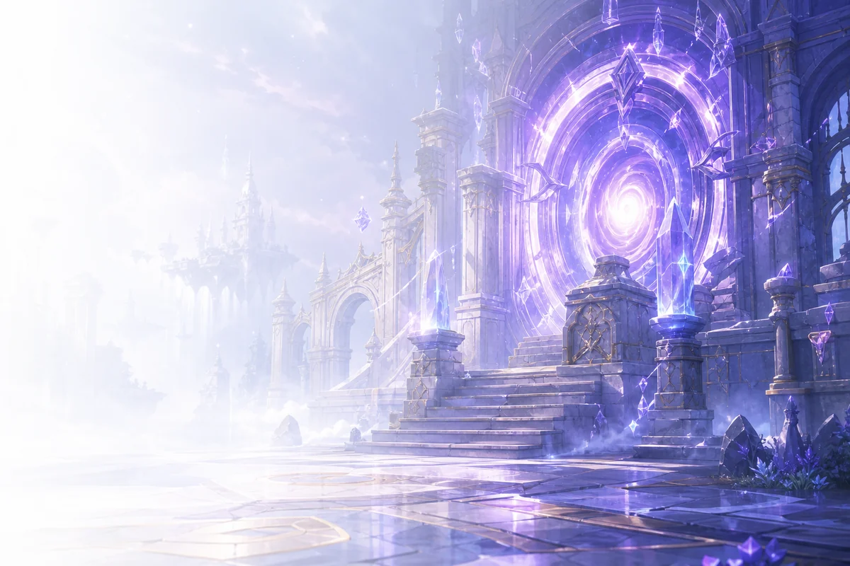 A luminous violet portal opening inside an ancient dimension temple