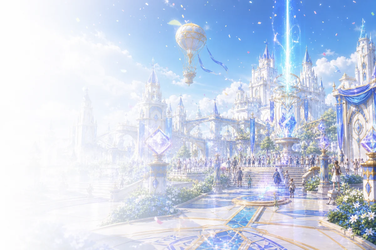 A bright fantasy capital gathering for a global event