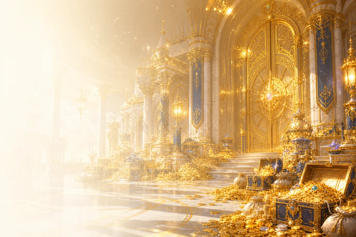 An ornate golden vault overflowing with coins and treasure