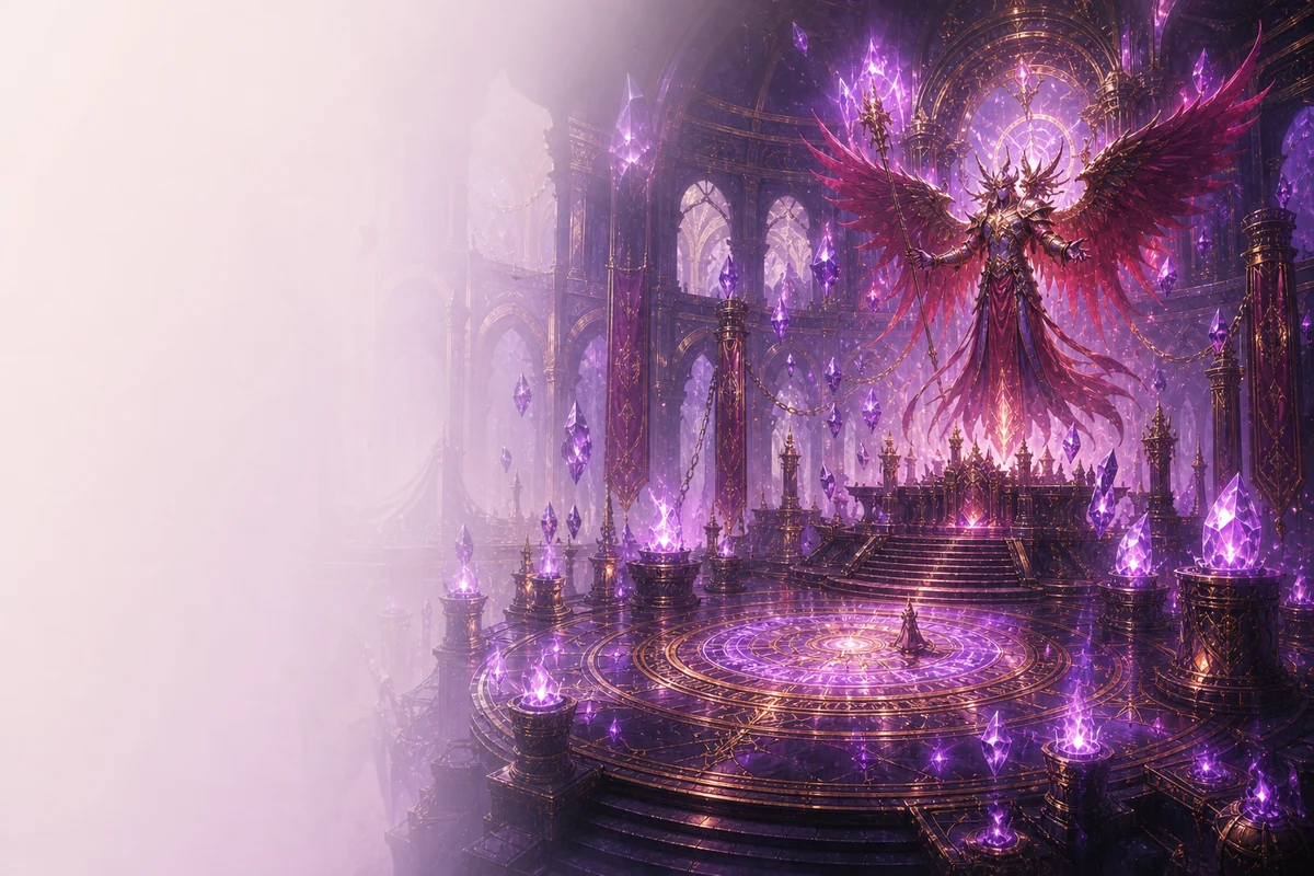 A winged Eminence manifesting above an amethyst ritual circle
